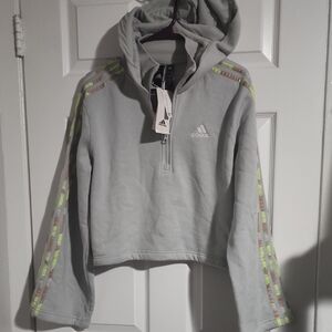 adidas Light Gray Cropped Hoodie with Neon Yellow-Green Stripe Accents